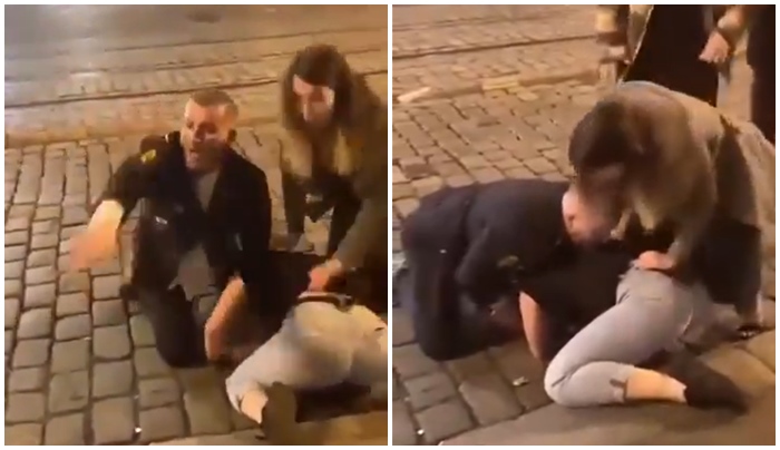 Opilý policista v uniformě a jeho dívka brutálně napadli další mladou dívku. Máme video!