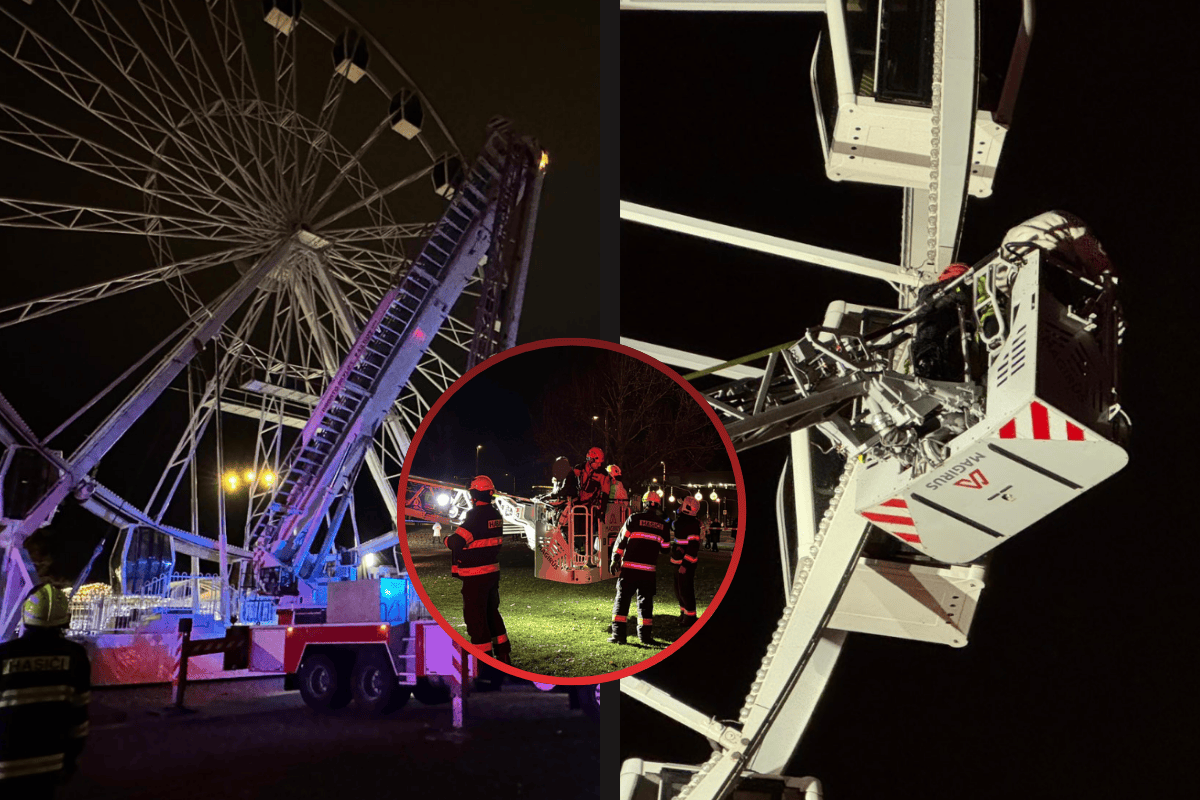 Vánoční trhy v Olomouci se změnily v chaos kvůli zaseklému ruskému kolu! Hasiči museli lidi sundávat jeřábem!